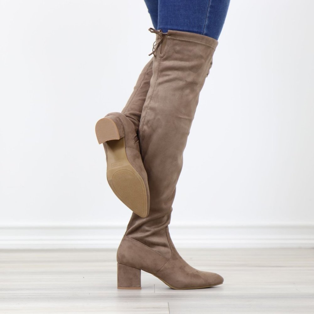 Taupe Thigh High Over The Knee Low Block Heel Boots Faux Suede Pointy Toe - Picture 6 of 15